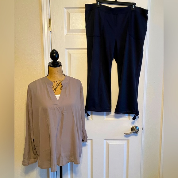 $6 Firm🦋 XXL Ozmin taupe polyester top & Zena Sport cotton elastic waist capri - Picture 1 of 16